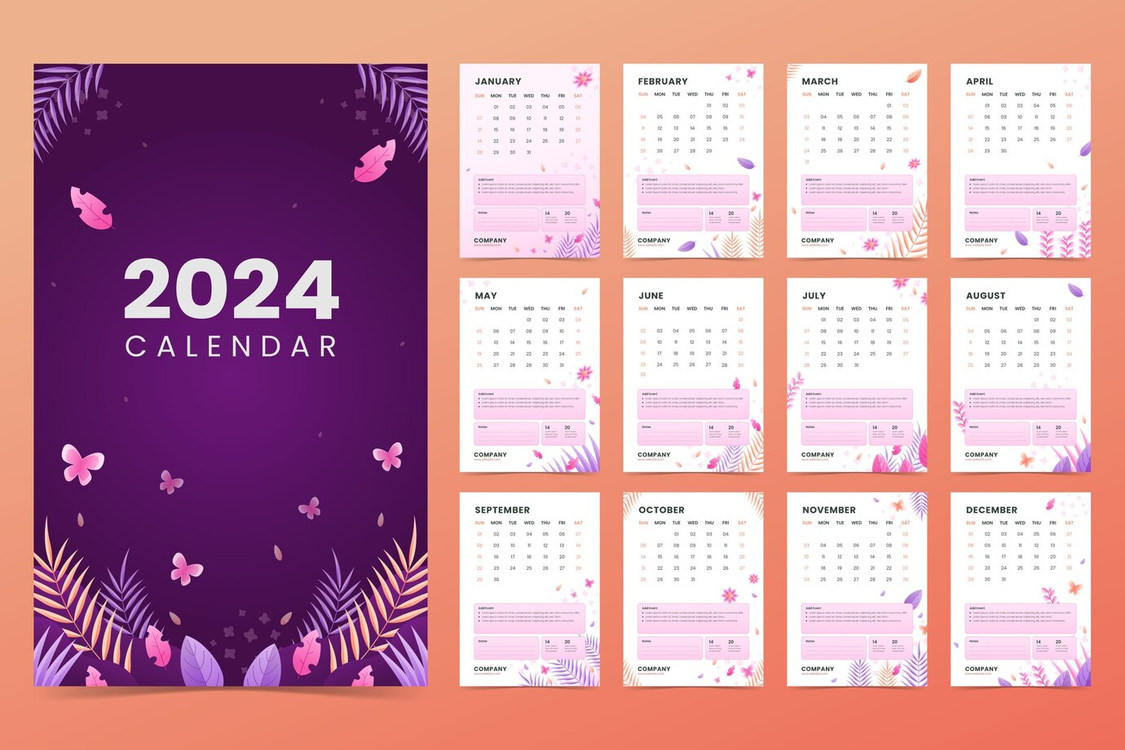 2024 Yearly Calendar,Calendar,Purple