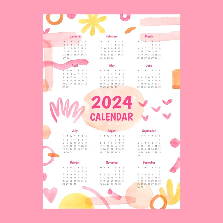 2024 Yearly Calendar,Watercolor,Calendar