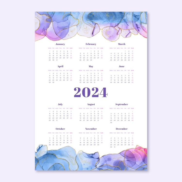 2024 Yearly Calendar,Calendar,Watercolor
