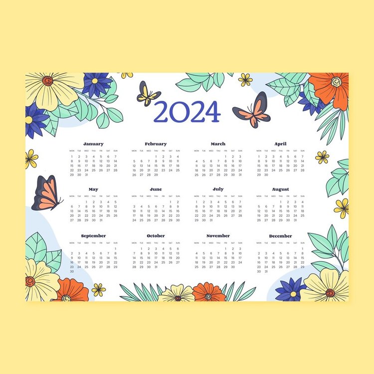 2024 Yearly Calendar,Butterflies,Blue