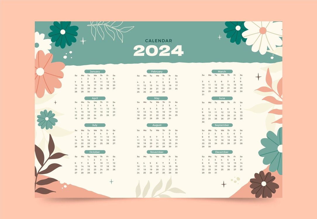2024 Yearly Calendar,Floral,Calendar