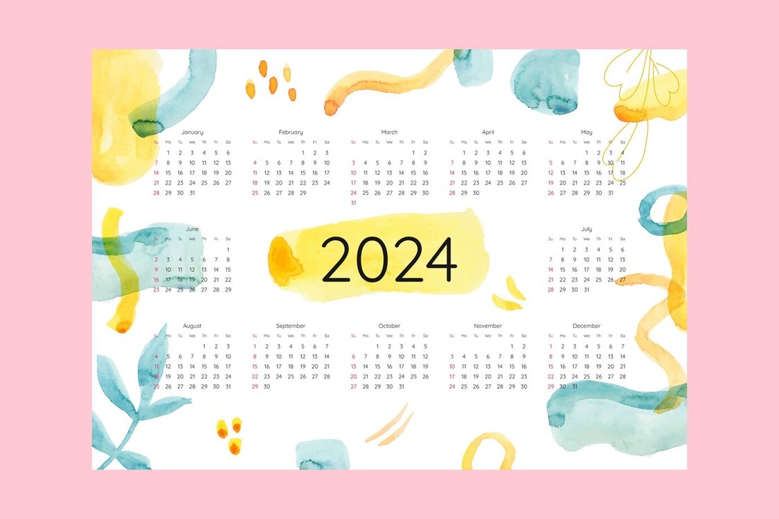 2024 Yearly Calendar,2024 Calendar,Watercolor