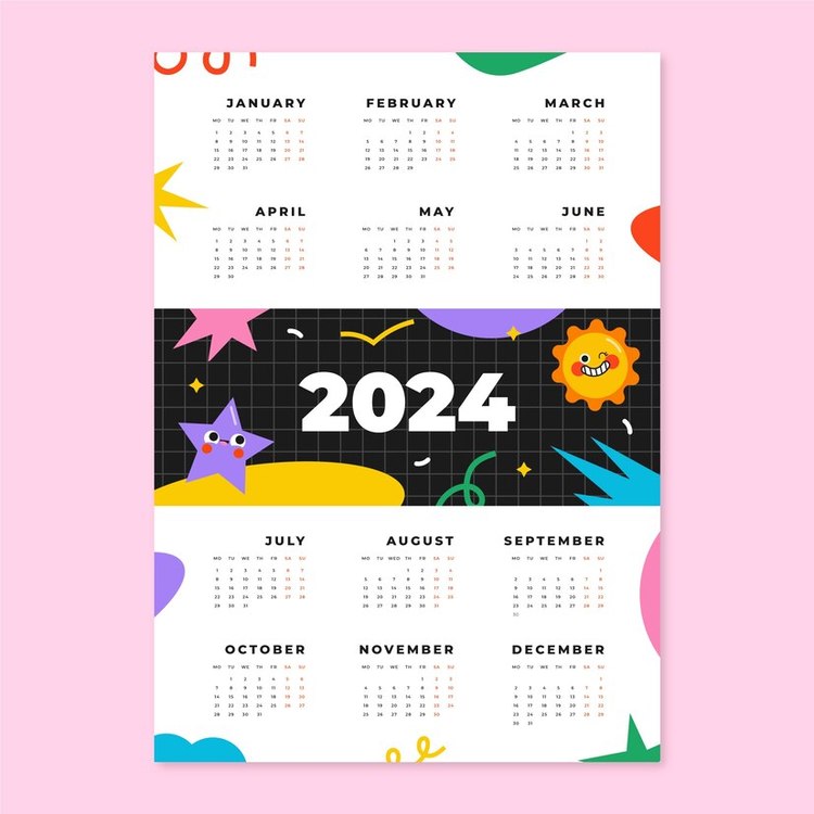 2024 Yearly Calendar,Calendar,Colorful