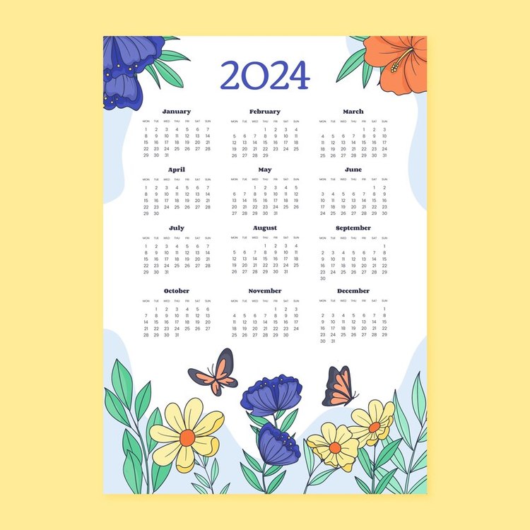 2024 Yearly Calendar,Flower,Calendar