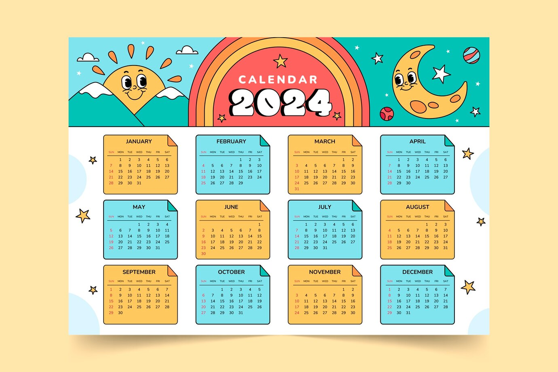 2024 Yearly Calendar,Calendar,Cute