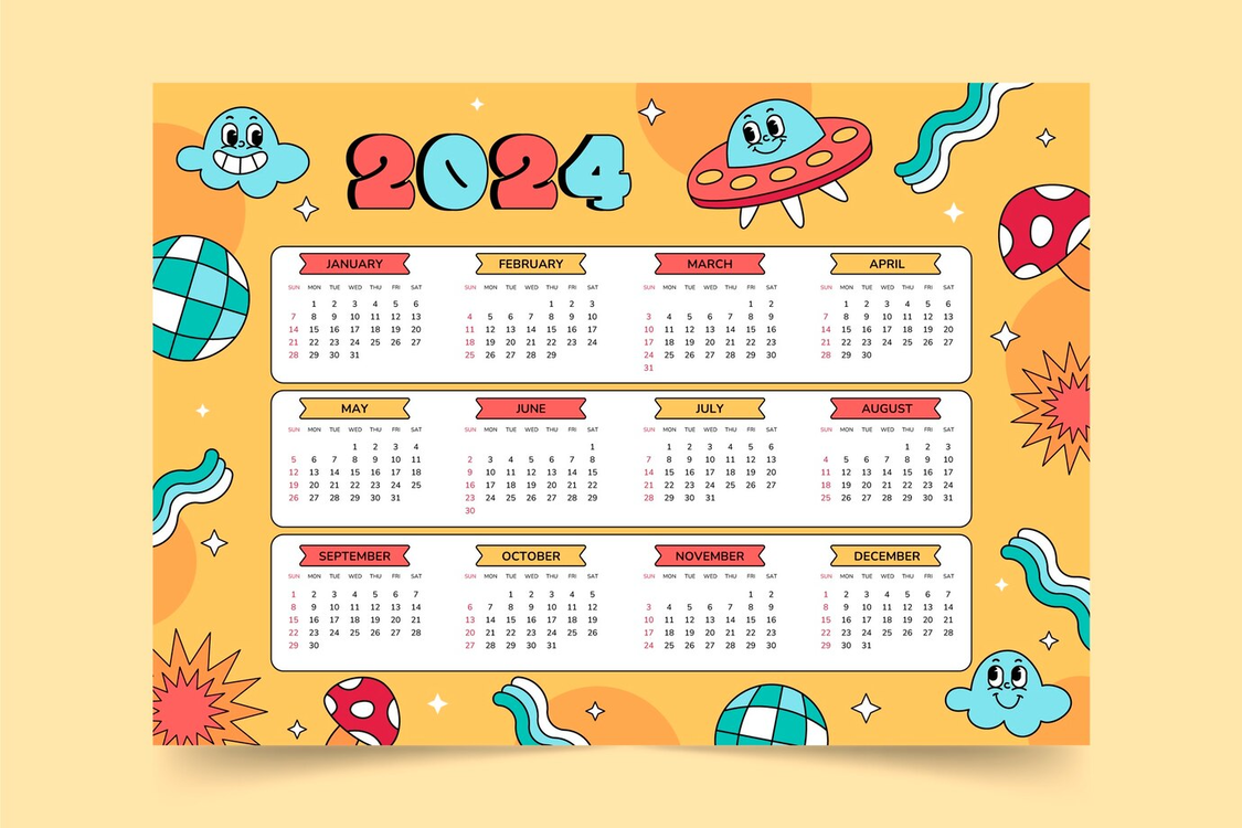 2024 Yearly Calendar,Calendar,Cartoon