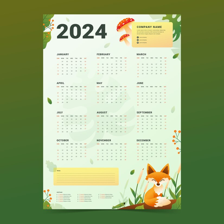2024 Yearly Calendar,Calendar,Fox