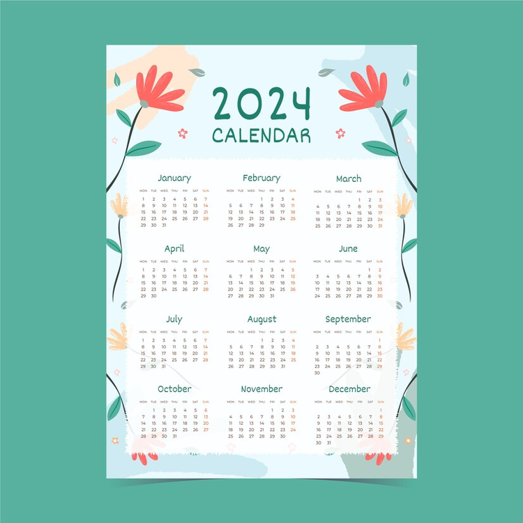 2024 Yearly Calendar,Calendar,Floral