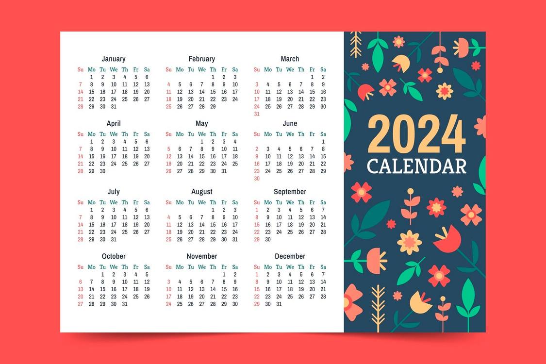 2024 Yearly Calendar,Calendar,Floral