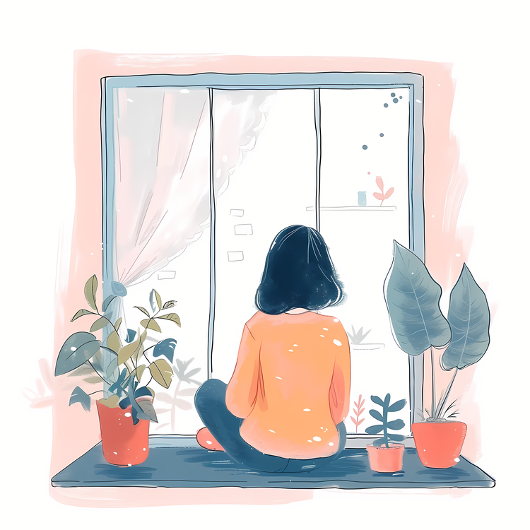 Window,Person Sitting On Window Sill,Plant On Window Sill