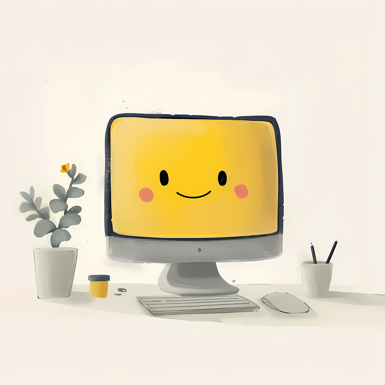 Computer Monitor,Yellow Computer,Smiley Face