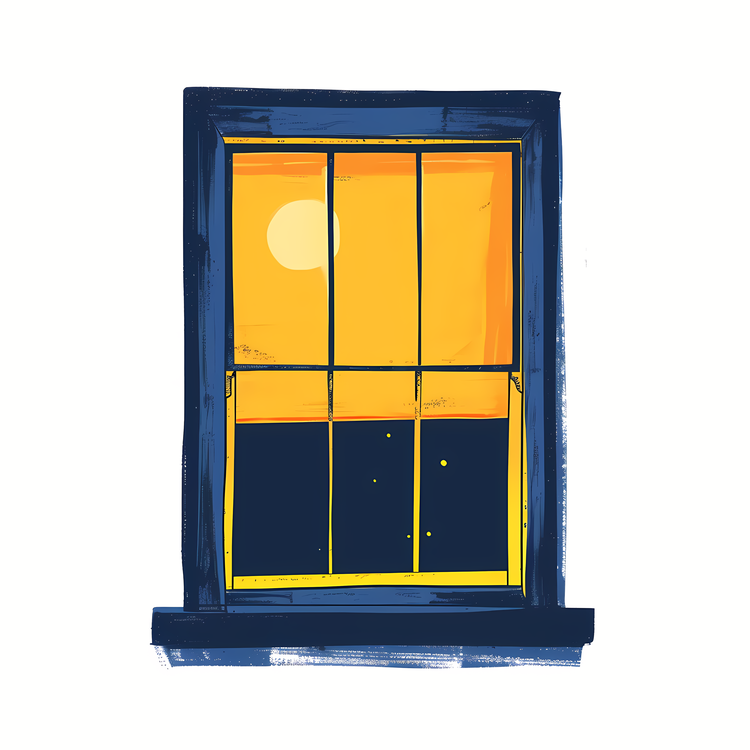 Window,Window With Moon Visible,Blue And Yellow Color Scheme