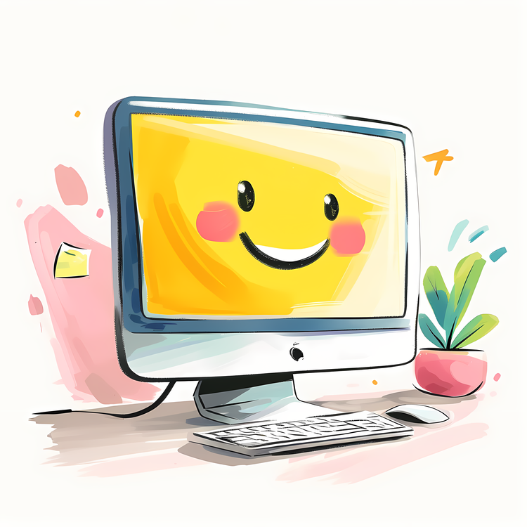 Computer Monitor,Smiley Face,Watercolor Painting