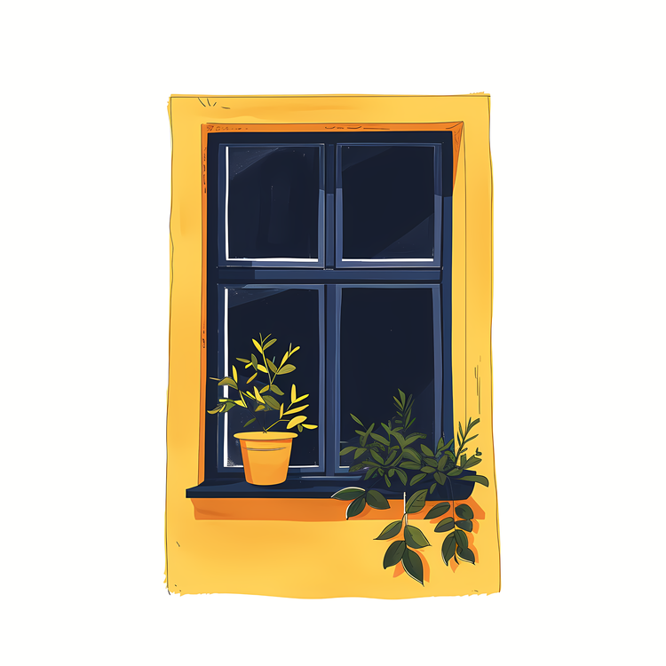 Window,Potted Plants,Yellow Window Sill