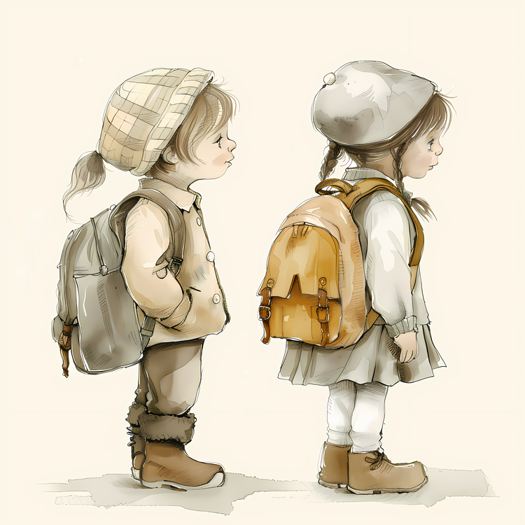 Students With Backpack,Backpack,Watercolor