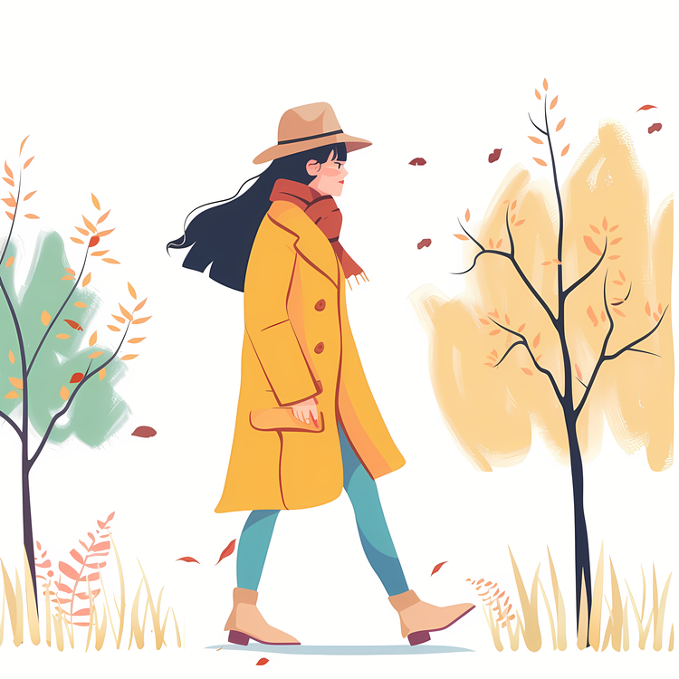 Cartoon Walking Woman,For,Fall Leaves