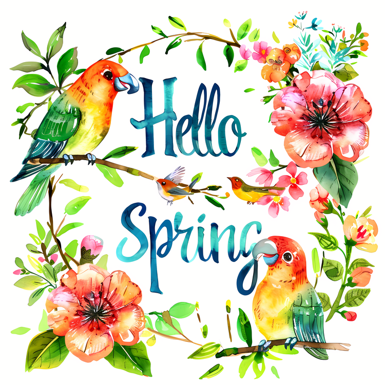 Hello Spring,Watercolor Illustration,Floral Wreath