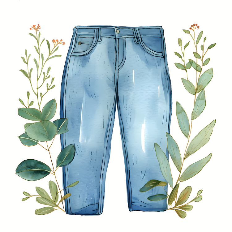 Jeans,Blue Denim Pants With Leaves,Denim Pants Among Plants