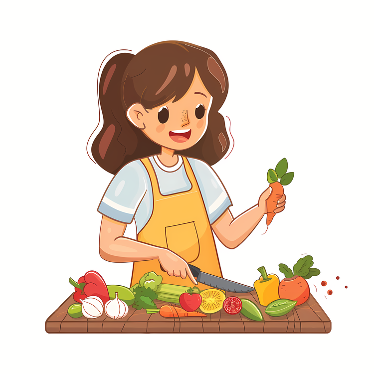 Cartoon Cooking Woman,Healthy Food,Fruits And Vegetables