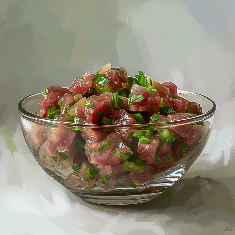 Steak Tartare,Fresh Tuna Salad,Glass Bowl Of Tuna Salad