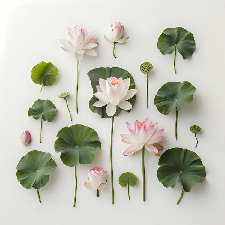 Lotus Flowers,White Background,Botanical