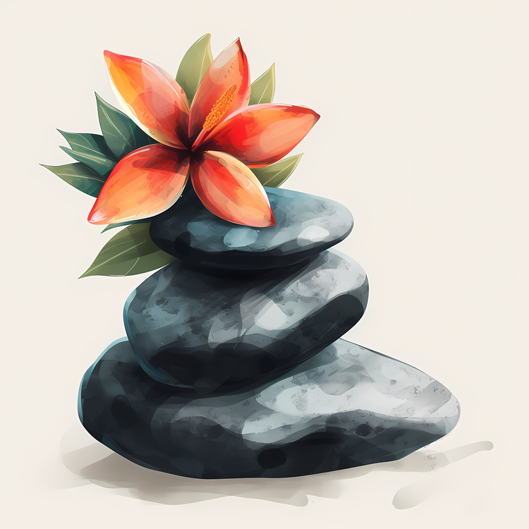 Spa Stones,Watercolor Painting,Flower On Rocks