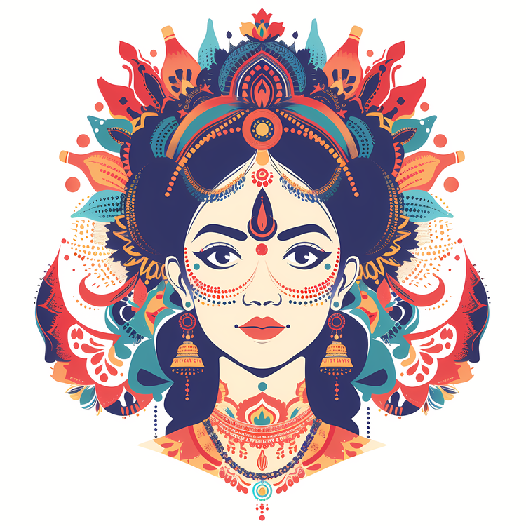 Hindu Goddess,Indian Girl With Flower Crown,Ornate Face Painting