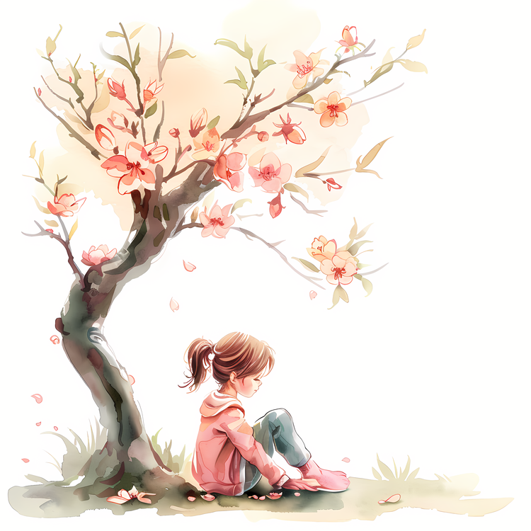 Spring Time,Girl And Flower,Girl Sitting Under Tree
