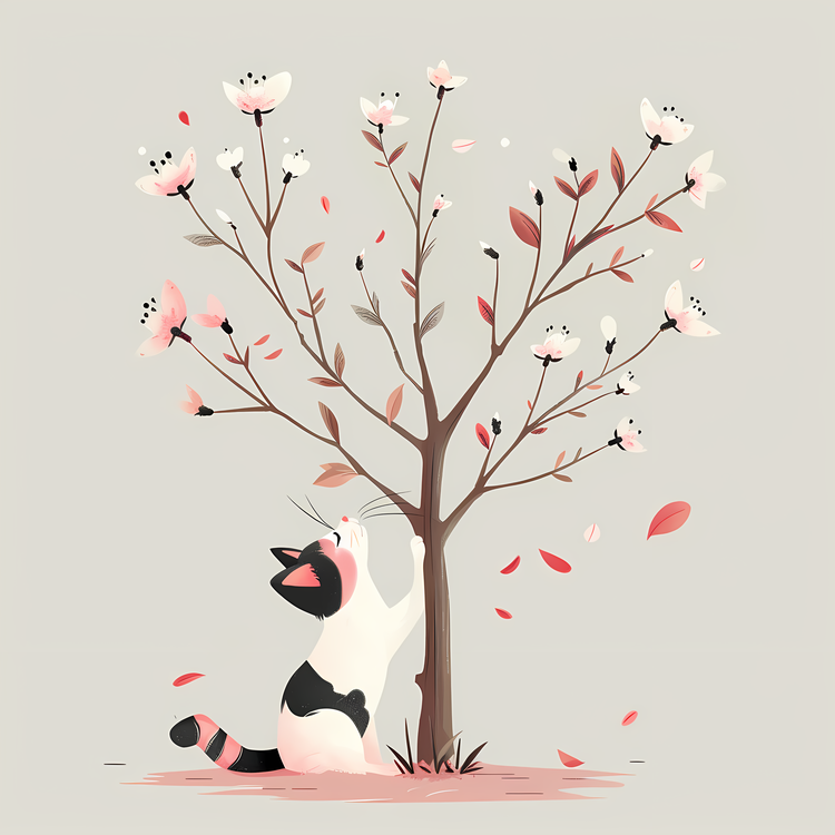 Cute Cat Under Tree,Cat,Floral