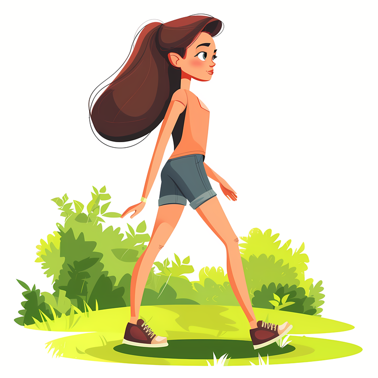 Cartoon Walking Woman,Cute Girl Walking In The Park,Fashionable Girl On A Walk