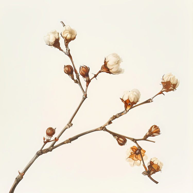 Fluffy Cotton Twig,Botanical   Flower Branch,Flowers On A Twig Branch
