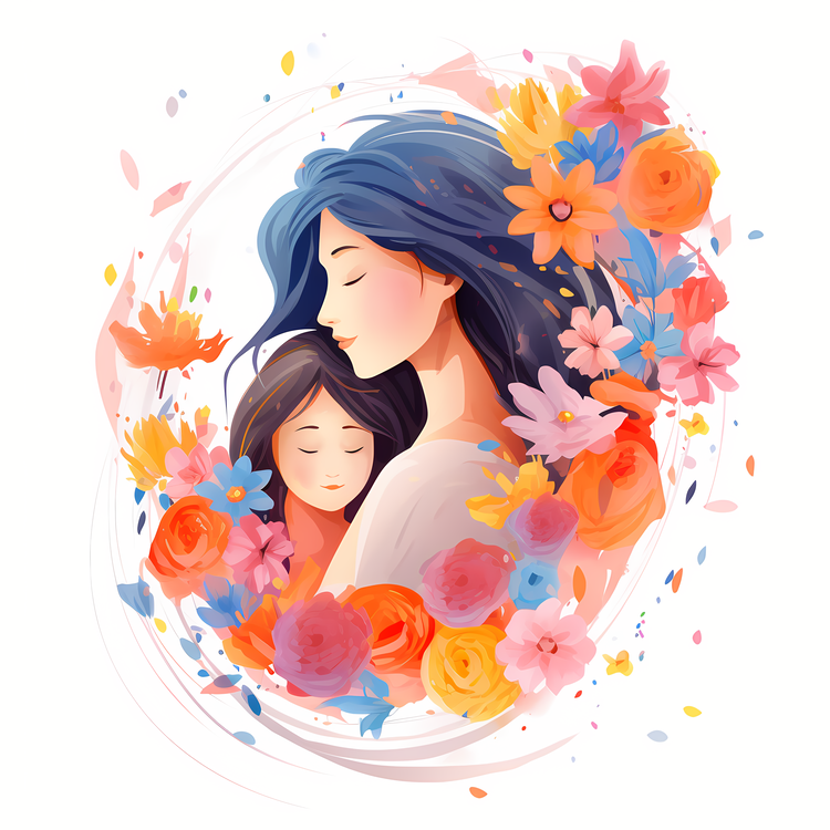 Mothers Day,Mother Hugging Child,Colorful Flowers
