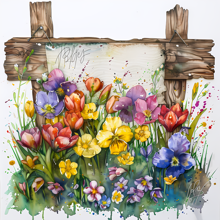 Spring Flowers,Sign Board,Watercolor Painting