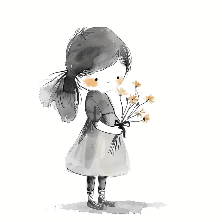 Girl Holding Bouquet,Cartoon,Girl
