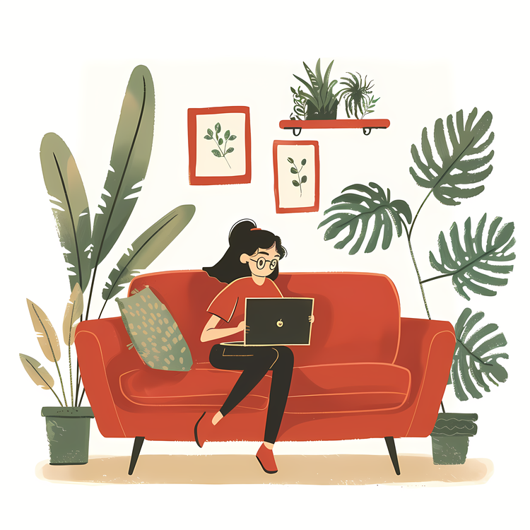 Girl With Laptop,Woman Sitting On The Couch,Working With A Laptop