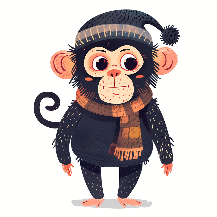 Cute Monkey,Cartoon Monkey,Monkey In Winter Clothes