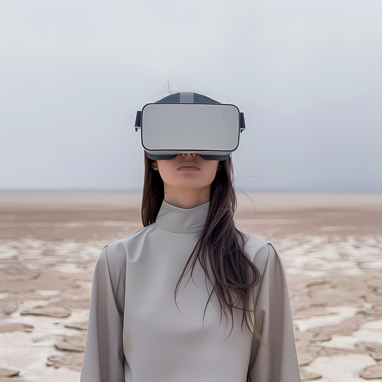 Vr Headset,Woman In A Gray Dress,Face On A Mirror