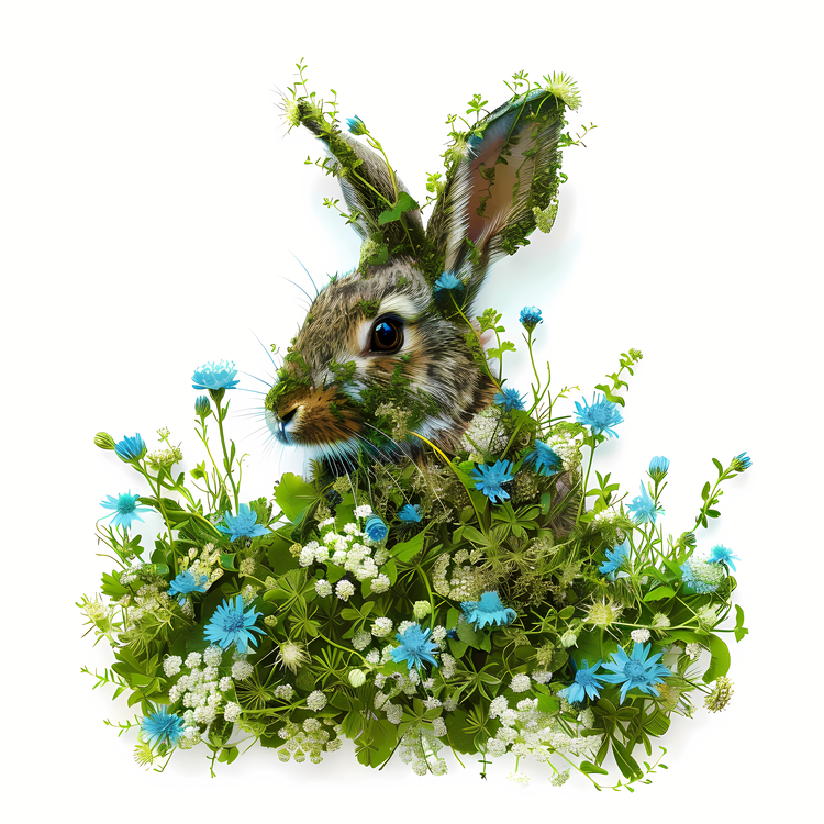 Rabbit,Greenery,Wildflowers