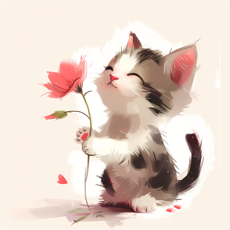 Little Cat Playing Flowers,Kitten,White And Black