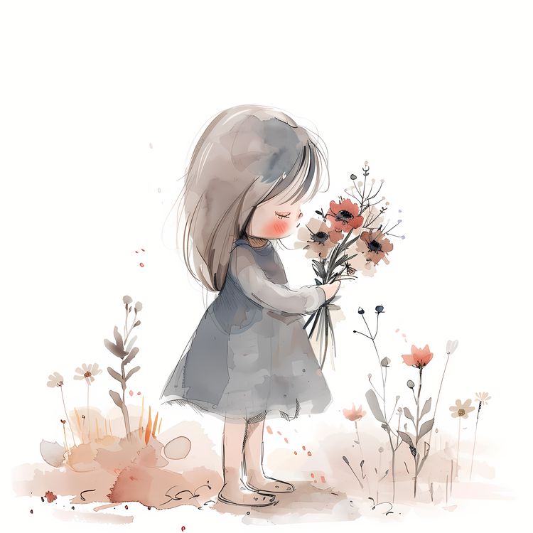 Girl Holding Bouquet,Watercolor,Art