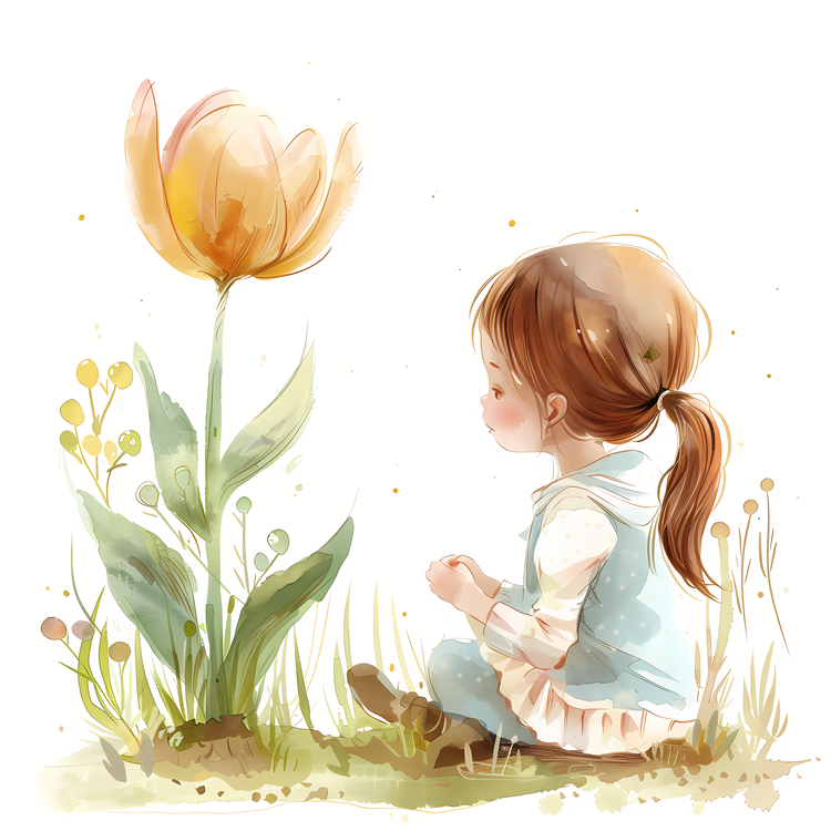 Spring Time,Girl And Flower,Watercolor Painting