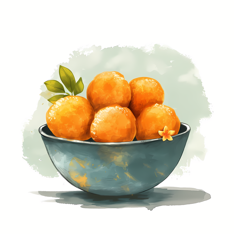 Laddu,Watercolor,Bowl Of Orange Slices