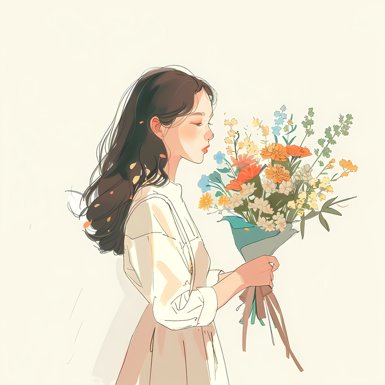 Girl Holding Bouquet,Watercolor Painting,Flower Bouquet