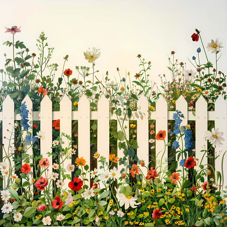 Garden Fence,Field Of Wildflowers,Wooden Picket Fence