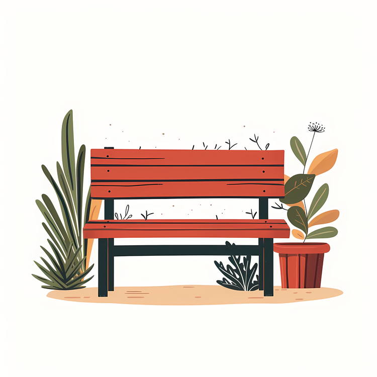 Garden Bench,Red Bench,Plants In Pots