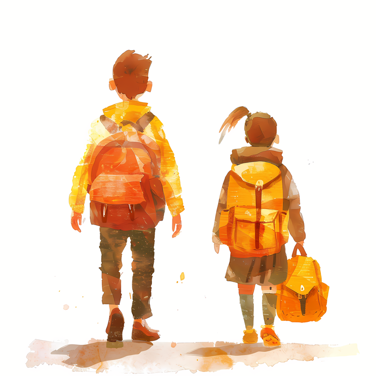 Students With Backpack,Watercolor,Kids