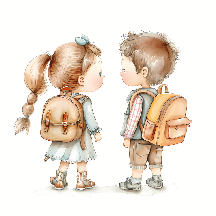 Students With Backpack,Watercolor Illustration,Hand Drawn Illustration