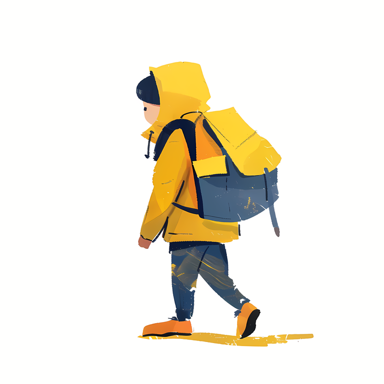 Boy With Backpack,Cartoon,Yellow Coat