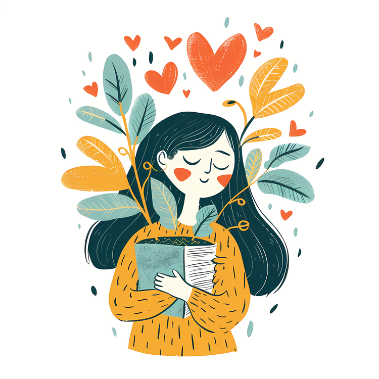 Cartoon Girl With Book,Hug,Smile