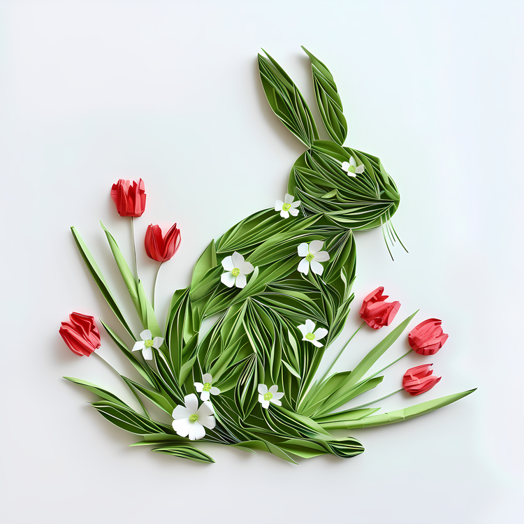 Rabbit,Green Leaves,Flowers